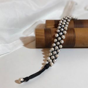 Real Pearl and Leather Choker Necklace